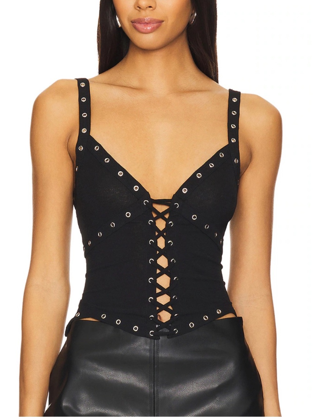 Revolve HOURS Black Eyelet Lace-Up Tank Top